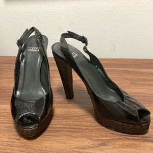 Stuart Weitzman Black Patent  Leather Sling Back Peep Toe Pumps. Size 8.5.